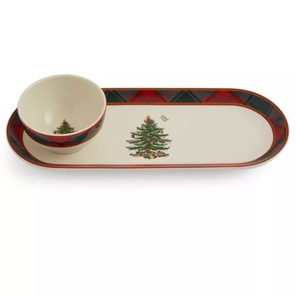 Spode Christmas Tree Tartan Chip Dip Set NIB Porcelain 2pc